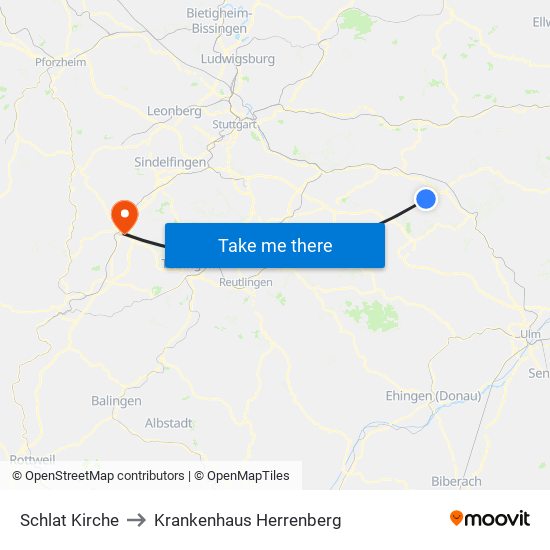 Schlat Kirche to Krankenhaus Herrenberg map