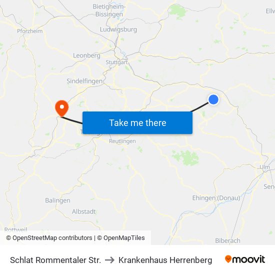 Schlat Rommentaler Str. to Krankenhaus Herrenberg map