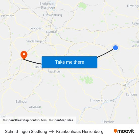 Schnittlingen Siedlung to Krankenhaus Herrenberg map