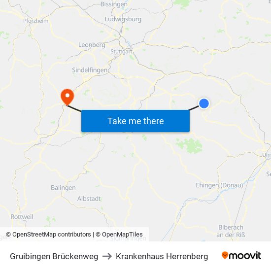Gruibingen Brückenweg to Krankenhaus Herrenberg map
