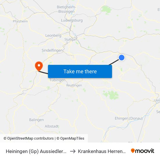 Heiningen (Gp) Aussiedlerhöfe to Krankenhaus Herrenberg map