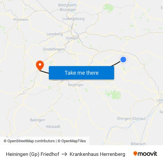 Heiningen (Gp) Friedhof to Krankenhaus Herrenberg map