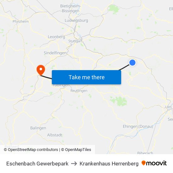 Eschenbach Gewerbepark to Krankenhaus Herrenberg map