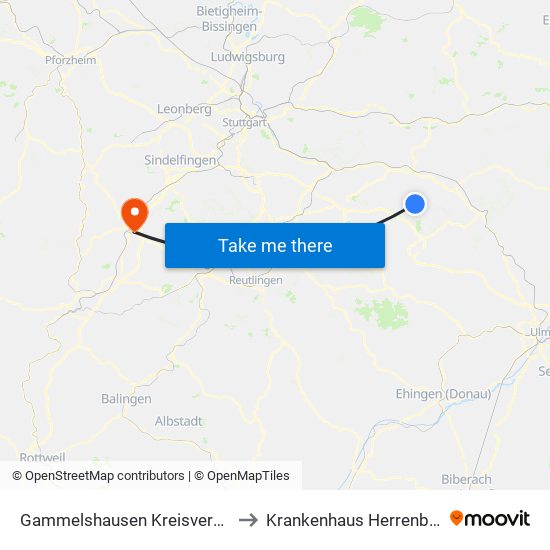 Gammelshausen Kreisverkehr to Krankenhaus Herrenberg map