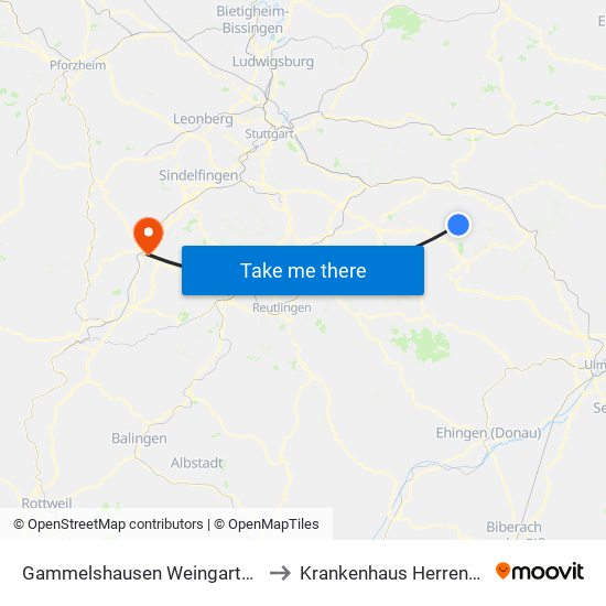 Gammelshausen Weingartenstr. to Krankenhaus Herrenberg map