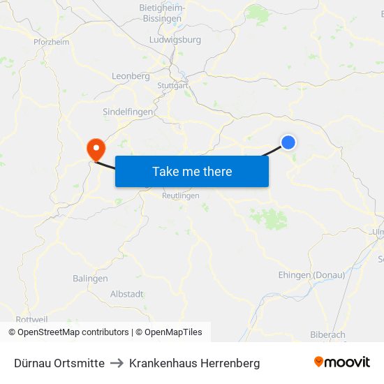 Dürnau Ortsmitte to Krankenhaus Herrenberg map
