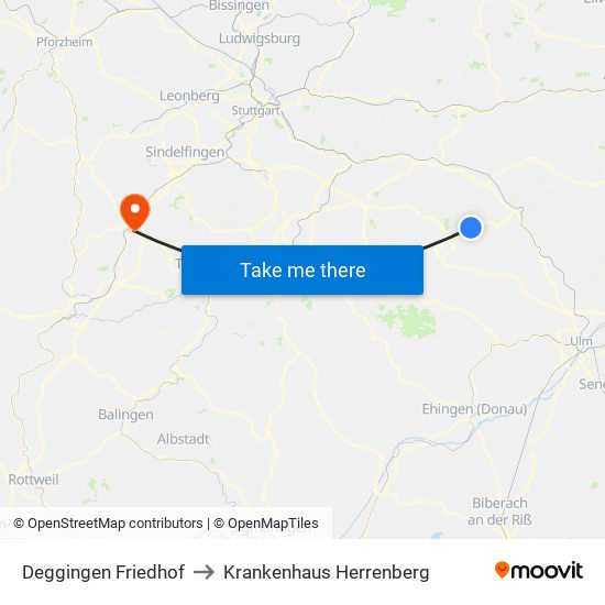 Deggingen Friedhof to Krankenhaus Herrenberg map