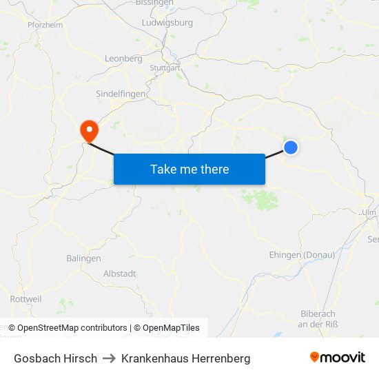 Gosbach Hirsch to Krankenhaus Herrenberg map