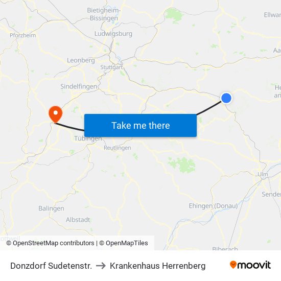 Donzdorf Sudetenstr. to Krankenhaus Herrenberg map