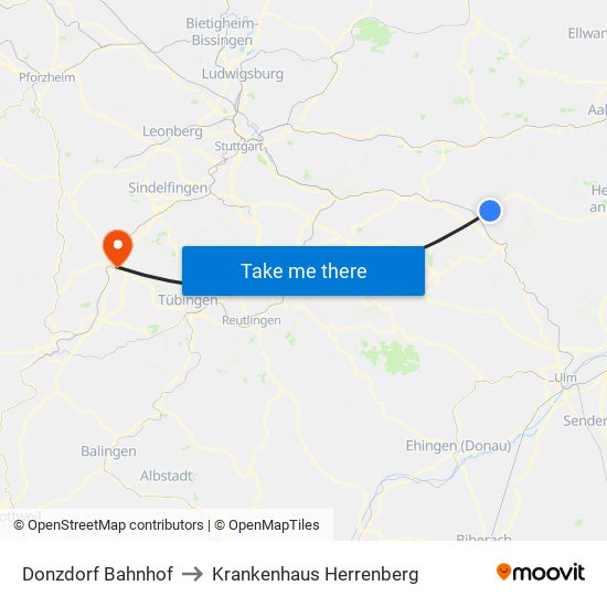 Donzdorf Bahnhof to Krankenhaus Herrenberg map