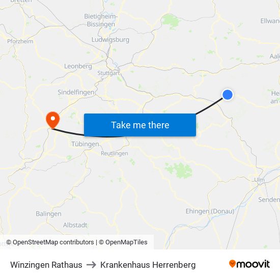 Winzingen Rathaus to Krankenhaus Herrenberg map