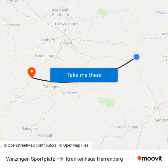 Winzingen Sportplatz to Krankenhaus Herrenberg map