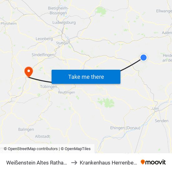 Weißenstein Altes Rathaus to Krankenhaus Herrenberg map