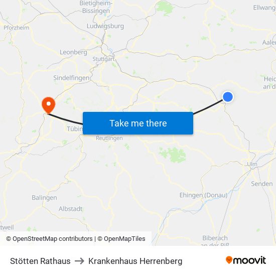 Stötten Rathaus to Krankenhaus Herrenberg map