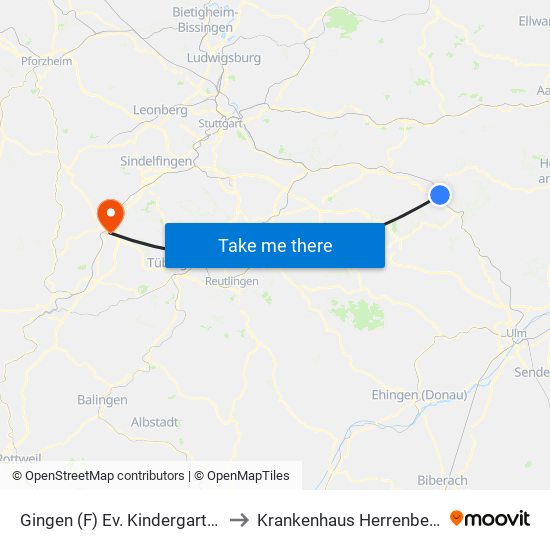 Gingen (F) Ev. Kindergarten to Krankenhaus Herrenberg map