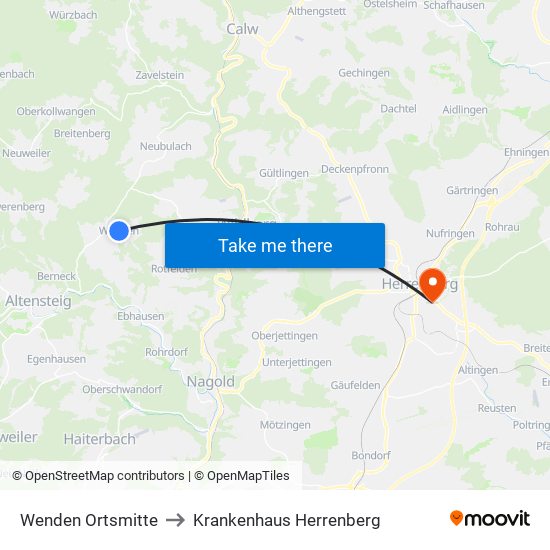 Wenden Ortsmitte to Krankenhaus Herrenberg map