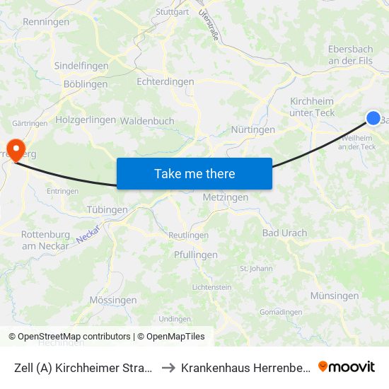 Zell (A) Kirchheimer Straße to Krankenhaus Herrenberg map