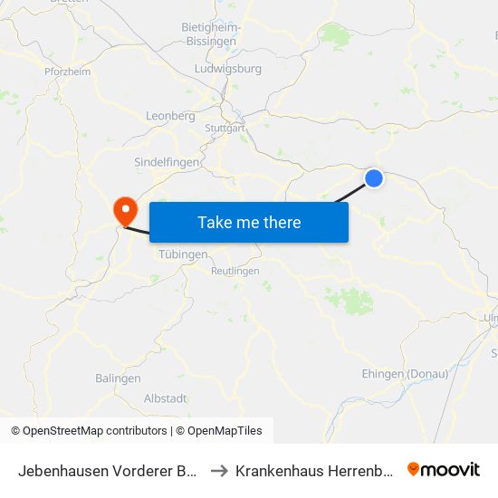 Jebenhausen Vorderer Berg to Krankenhaus Herrenberg map