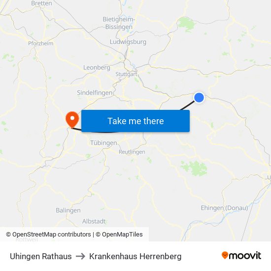 Uhingen Rathaus to Krankenhaus Herrenberg map