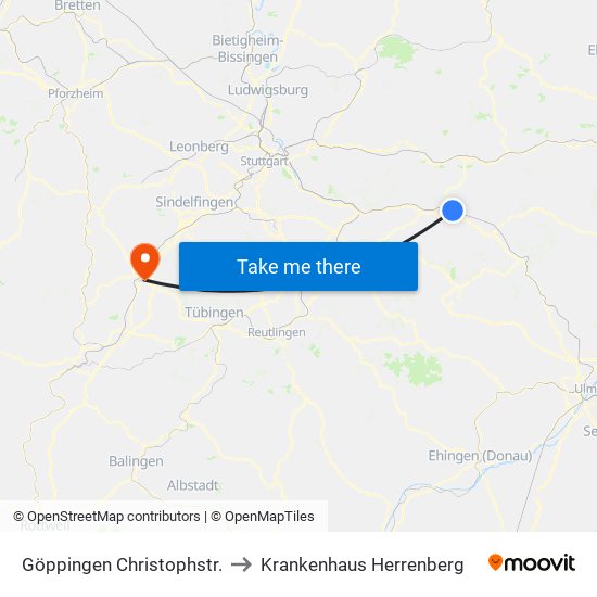 Göppingen Christophstr. to Krankenhaus Herrenberg map
