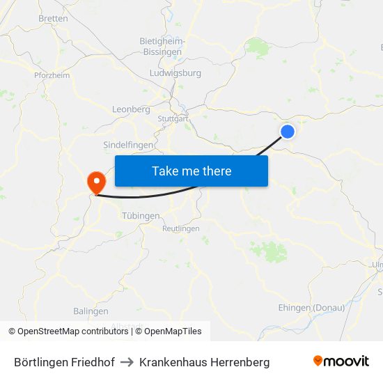 Börtlingen Friedhof to Krankenhaus Herrenberg map