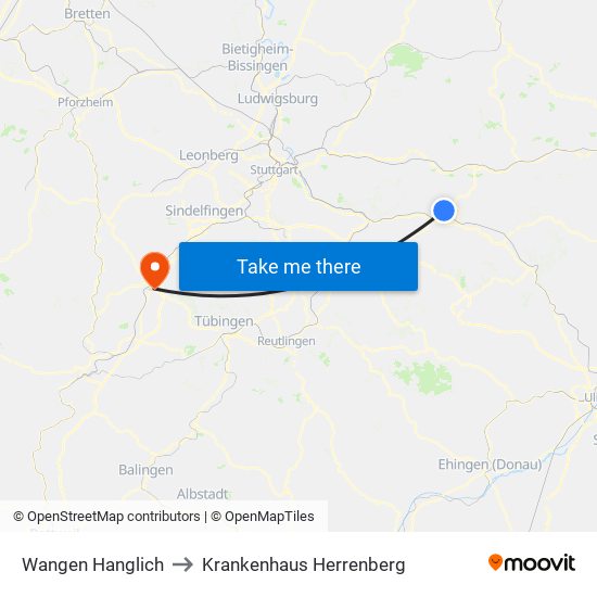 Wangen Hanglich to Krankenhaus Herrenberg map
