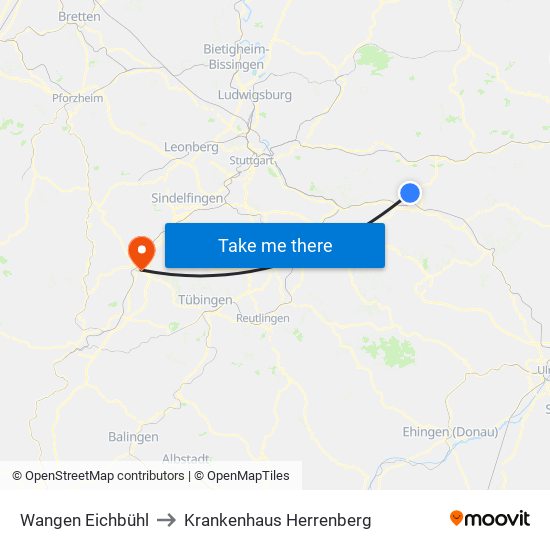 Wangen Eichbühl to Krankenhaus Herrenberg map