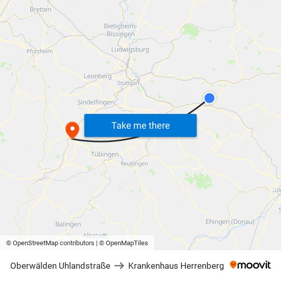 Oberwälden Uhlandstraße to Krankenhaus Herrenberg map
