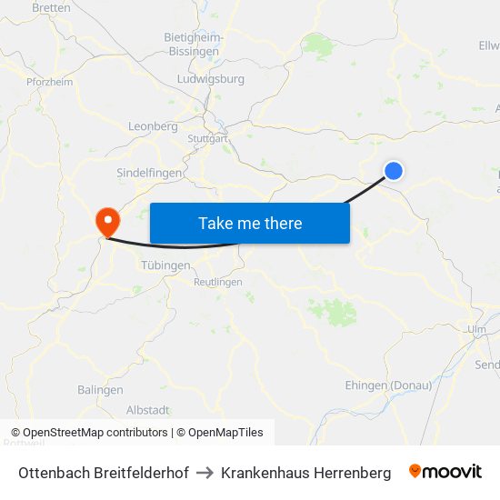 Ottenbach Breitfelderhof to Krankenhaus Herrenberg map