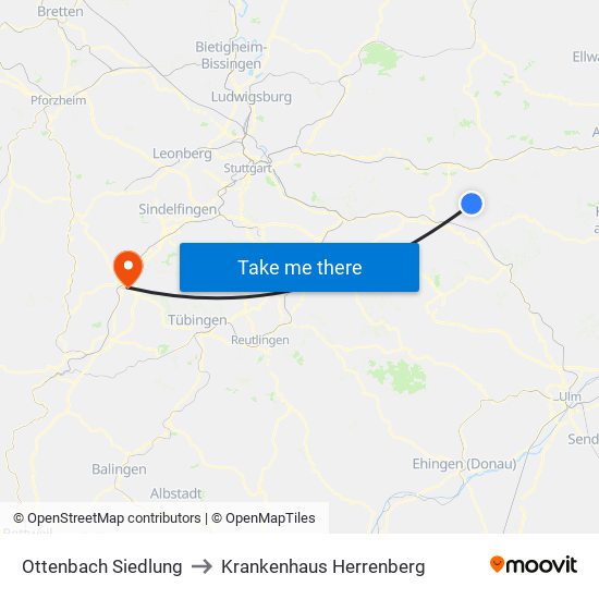 Ottenbach Siedlung to Krankenhaus Herrenberg map