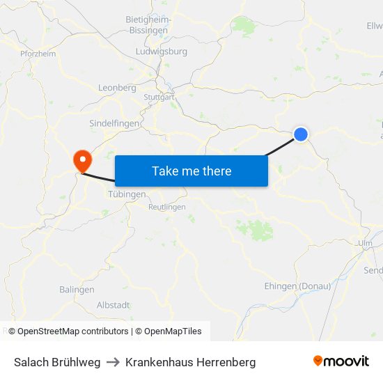 Salach Brühlweg to Krankenhaus Herrenberg map
