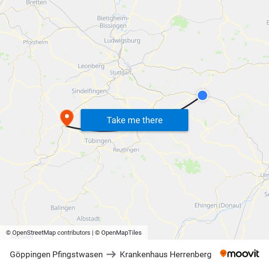 Göppingen Pfingstwasen to Krankenhaus Herrenberg map