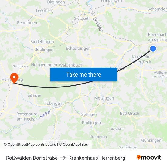 Roßwälden Dorfstraße to Krankenhaus Herrenberg map