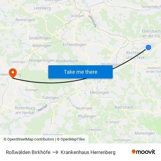 Roßwälden Birkhöfe to Krankenhaus Herrenberg map