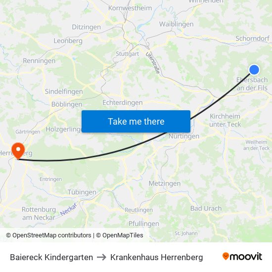 Baiereck Kindergarten to Krankenhaus Herrenberg map