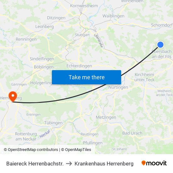 Baiereck Herrenbachstr. to Krankenhaus Herrenberg map