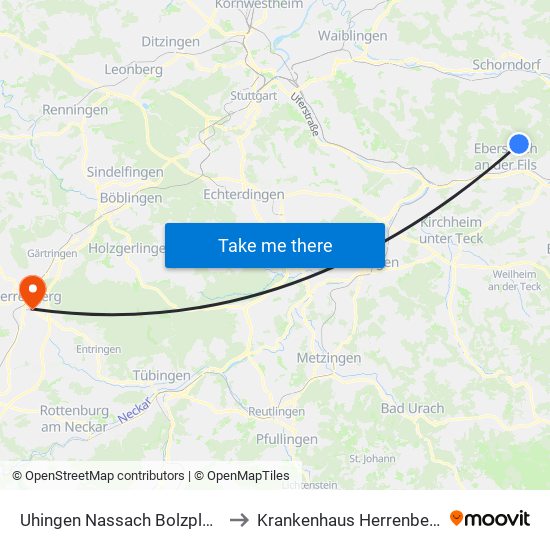 Uhingen Nassach Bolzplatz to Krankenhaus Herrenberg map