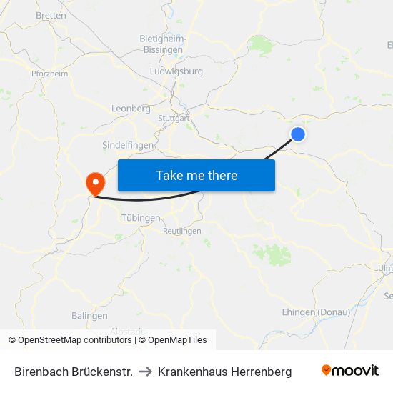 Birenbach Brückenstr. to Krankenhaus Herrenberg map
