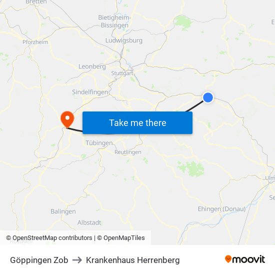 Göppingen Zob to Krankenhaus Herrenberg map