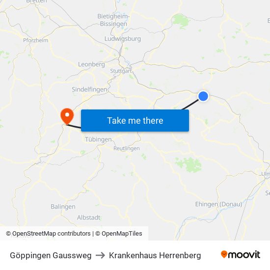 Göppingen Gaussweg to Krankenhaus Herrenberg map