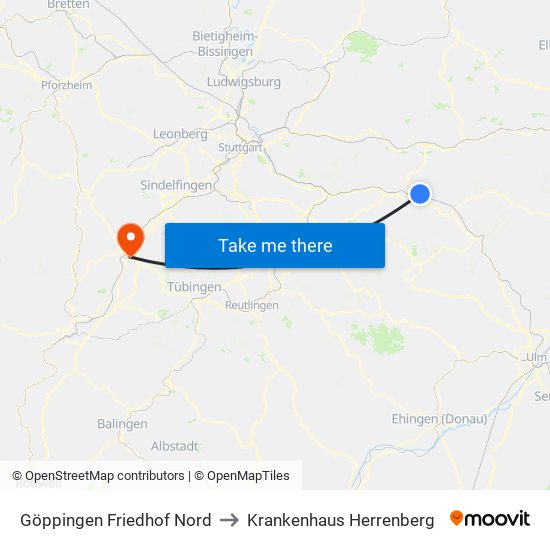 Göppingen Friedhof Nord to Krankenhaus Herrenberg map