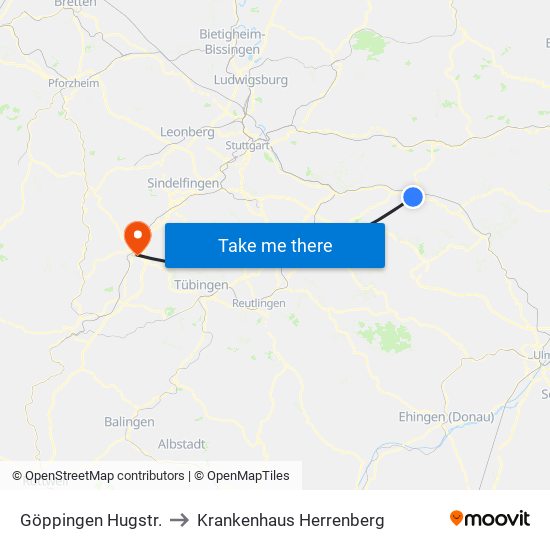Göppingen Hugstr. to Krankenhaus Herrenberg map