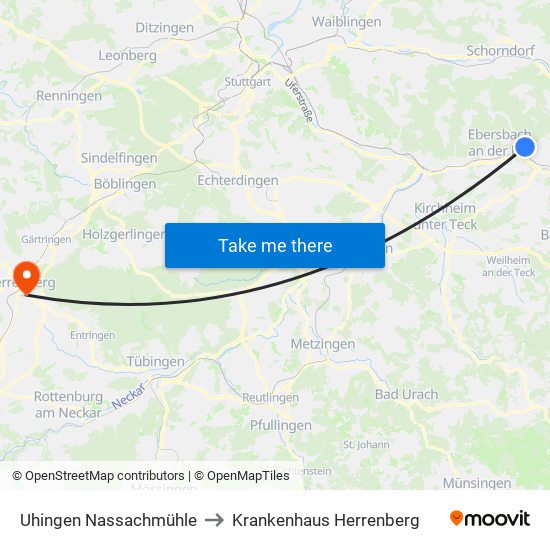 Uhingen Nassachmühle to Krankenhaus Herrenberg map