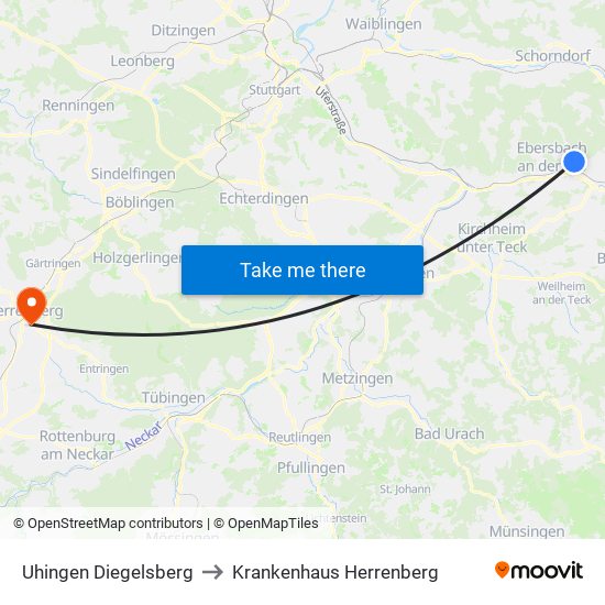 Uhingen Diegelsberg to Krankenhaus Herrenberg map