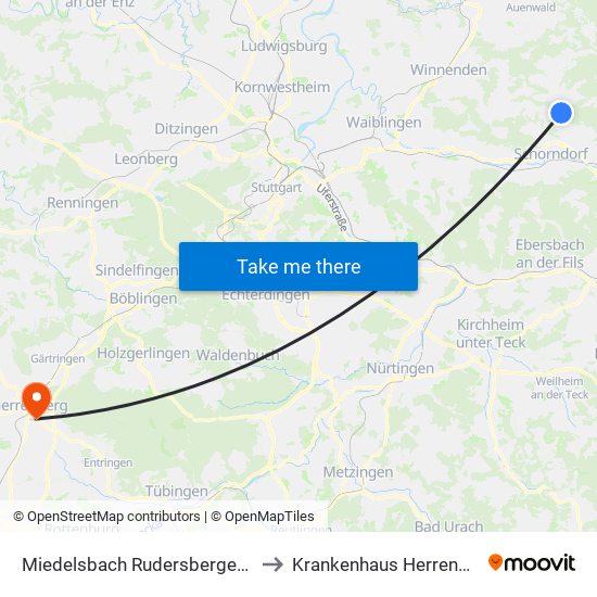Miedelsbach Rudersberger Str. to Krankenhaus Herrenberg map