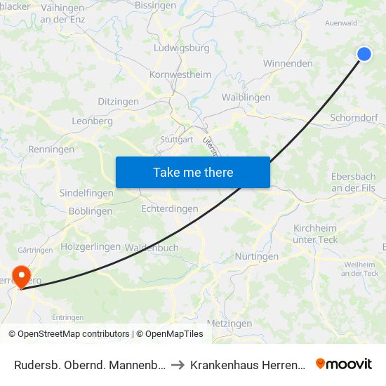 Rudersb. Obernd. Mannenb. Str. to Krankenhaus Herrenberg map