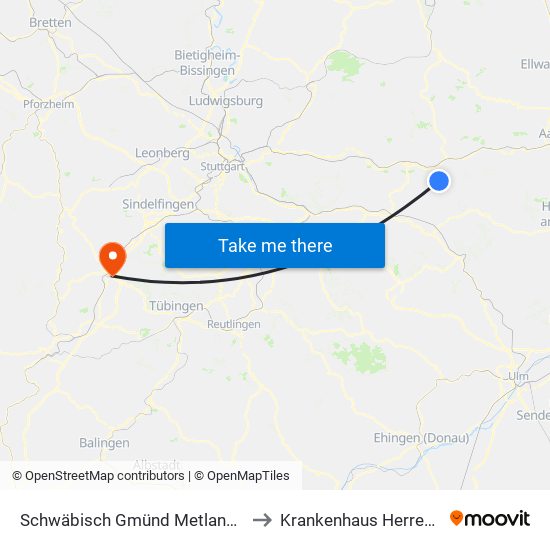 Schwäbisch Gmünd Metlangen Ort to Krankenhaus Herrenberg map