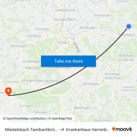 Miedelsbach Tannbachbrücke to Krankenhaus Herrenberg map