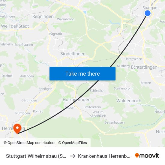 Stuttgart Wilhelmsbau (Sev) to Krankenhaus Herrenberg map