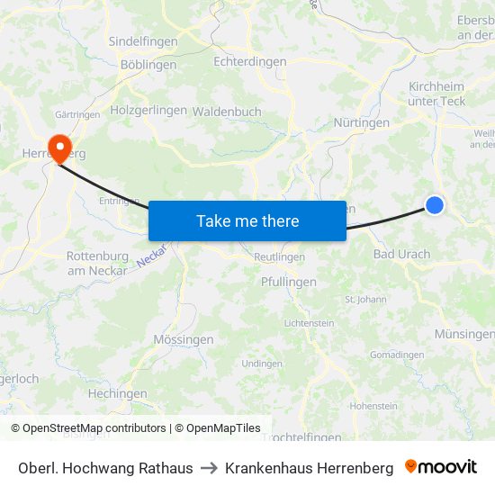 Oberl. Hochwang Rathaus to Krankenhaus Herrenberg map